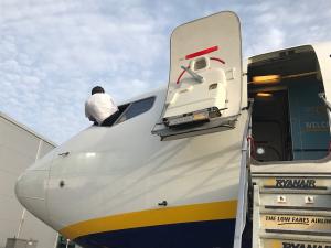 Nella foto, un pilota della Ryanair si sporge